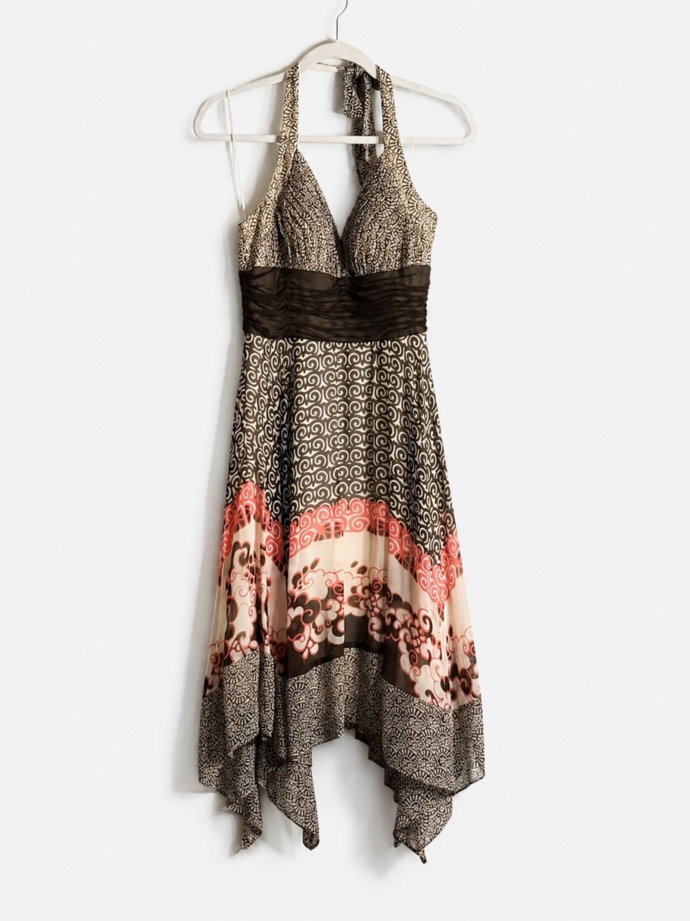 Sangria 100% Silk Halter Dress Handkerchief Hem Brown Cream 10 Boho Gypsy